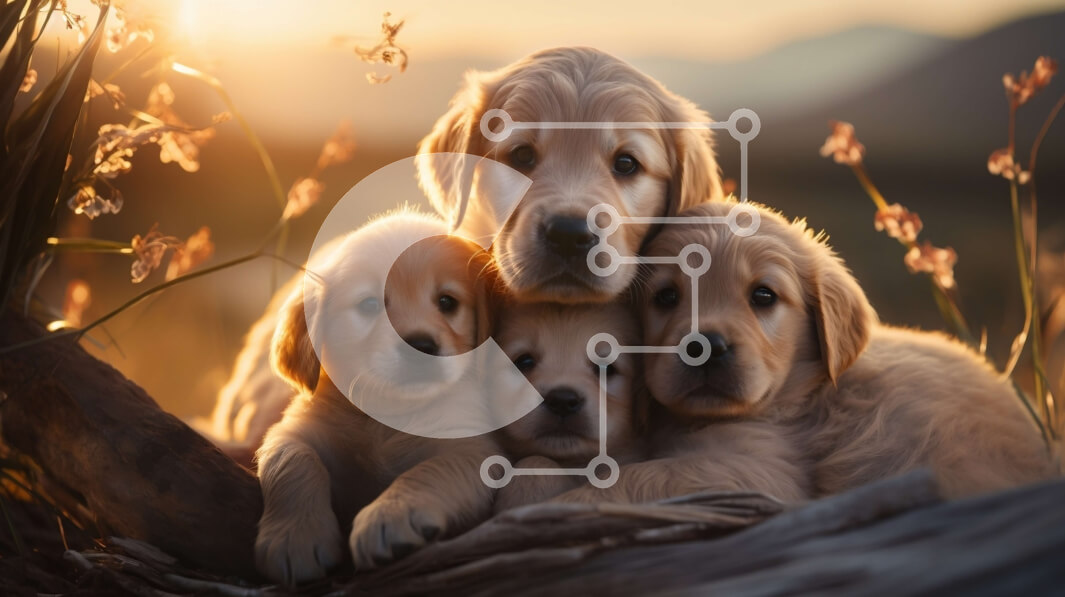 Σετ των 2 Intra Συλλεκτικό Ξύλινο Παζλ Plywood  4mm - Αξιολάτρευτα κουτάβια Γκόλντεν Ριτρίβερ σε κούτσουρο στο ηλιοβασίλεμα Σε Ξύλινο Κουτί - Διαστάσεις: 10x10 cm – 25 κομμάτια