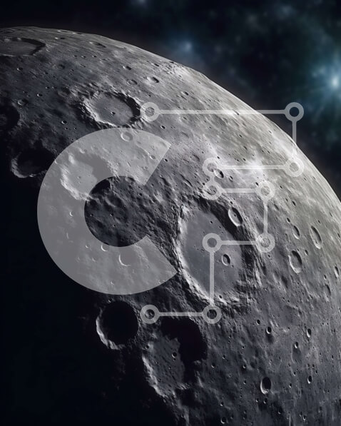 Intra Συλλεκτικό Ξύλινο Παζλ Plywood  4mm - Λεπτομερής κοντινή πλάνο της επιφάνειας της Σελήνης με ορατούς κρατήρες και αστέρια στο φόντο Σε Ξύλινο Κουτί - Διαστάσεις Puzzle: 10x10 cm – 25 κομμάτια