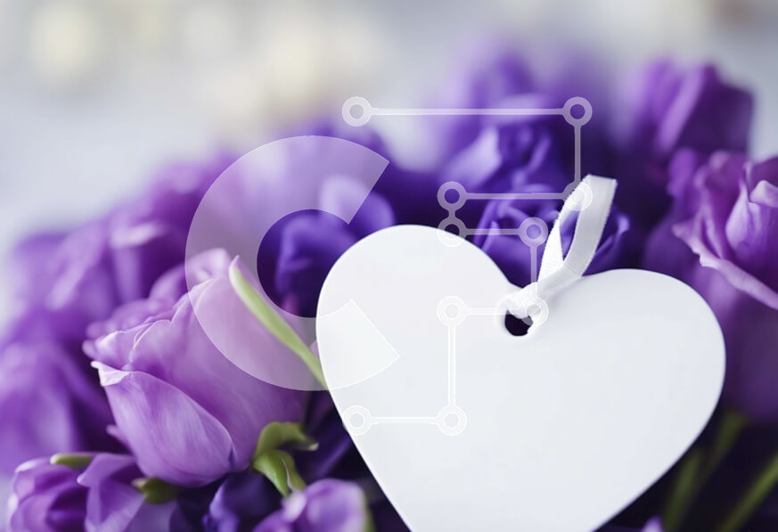 Intra Συλλεκτικό Ξύλινο Παζλ Plywood  4mm - Ετικέτα σε σχήμα καρδιάς σε μωβ τουλίπες Σε Ξύλινο Κουτί - Διαστάσεις: 10x10 cm – 25 κομμάτια