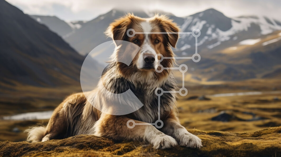 Intra Συλλεκτικό Ξύλινο Παζλ Plywood  4mm - Σκύλος που κάθεται σε βρυώδη βράχο σε ορεινό τοπίο με χιονισμένες κορυφές Σε Ξύλινο Κουτί - Διαστάσεις: 10x10 cm – 25 κομμάτια