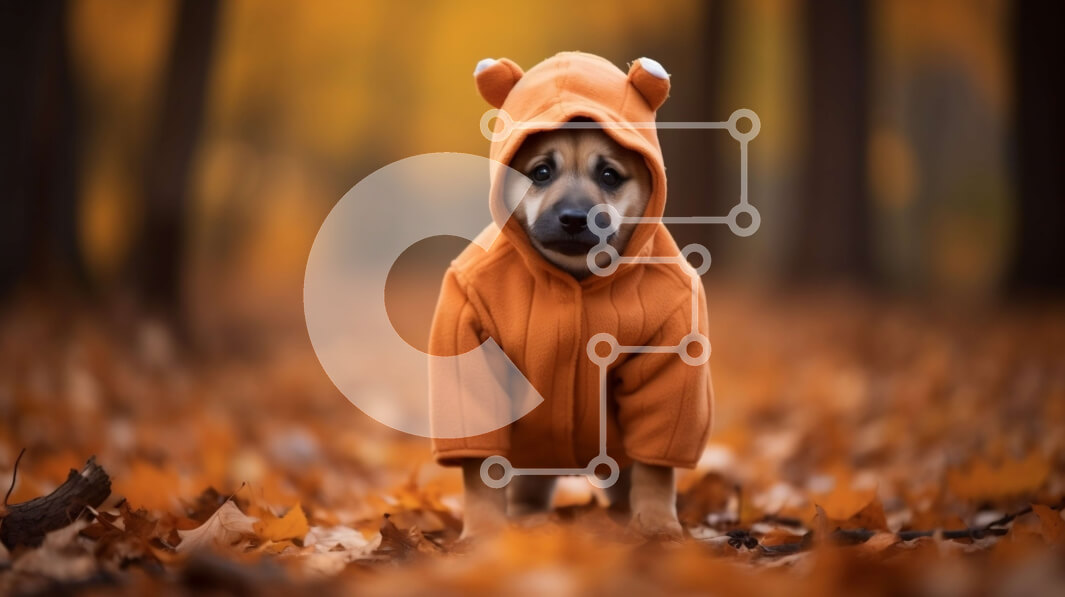 Σετ των 2 Intra Συλλεκτικό Ξύλινο Παζλ Plywood  4mm - Περίεργος σκύλος με κοστούμι αρκούδας ανάμεσα σε φθινοπωρινά φύλλα Σε Ξύλινο Κουτί - Διαστάσεις: 10x10 cm – 25 κομμάτια