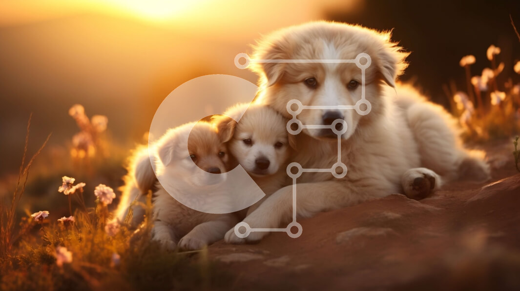 Σετ των 2 Intra Συλλεκτικό Ξύλινο Παζλ Plywood  4mm - Αξιολάτρευτα κουτάβια σε βραχώδες έδαφος κατά τη διάρκεια του ηλιοβασιλέματος Σε Ξύλινο Κουτί - Διαστάσεις: 10x10 cm – 25 κομμάτια