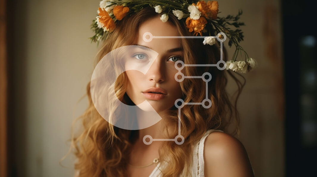 Intra Συλλεκτικό Ξύλινο Παζλ Plywood  4mm - Εκπληκτικό πορτρέτο μιας νεαρής γυναίκας με μακριά κυματιστά ξανθά μαλλιά και ένα λουλουδάτο στέμμα Σε Ξύλινο Κουτί - Διαστάσεις Puzzle: 10x10 cm – 25 κομμάτια