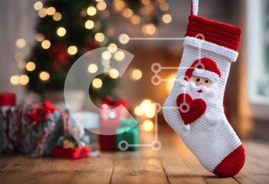 Intra Συλλεκτικό Ξύλινο Παζλ Plywood  4mm - Κροσέ κάλτσα Άγιου Βασίλη με δώρα και χριστουγεννιάτικα στολίδια Σε Ξύλινο Κουτί - Διαστάσεις: 10x10 cm – 25 κομμάτια