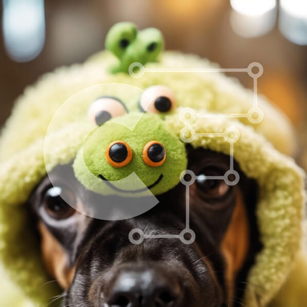 Intra Συλλεκτικό Ξύλινο Παζλ Plywood  4mm - Αξιολάτρευτο σκυλί με πράσινη κουκούλα ζώων Σε Ξύλινο Κουτί - Διαστάσεις: 10x10 cm – 25 κομμάτια