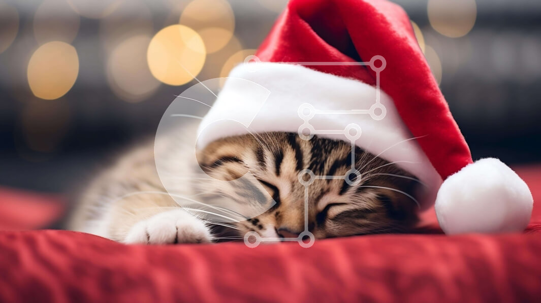 Σετ των 2 Intra Συλλεκτικό Ξύλινο Παζλ Plywood  4mm - Χαριτωμένο κοιμισμένο γατάκι με καπέλο Santa σε κόκκινο φόντο Σε Ξύλινο Κουτί - Διαστάσεις: 10x10 cm – 25 κομμάτια