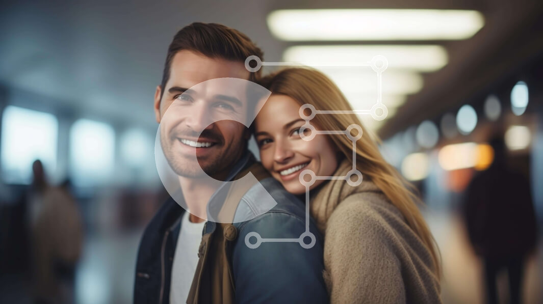 Intra Συλλεκτικό Ξύλινο Παζλ Plywood  4mm - Χαμογελώντας ζευγάρι σε έναν διάδρομο αεροδρομίου Σε Ξύλινο Κουτί - Διαστάσεις Puzzle: 10x10 cm – 25 κομμάτια