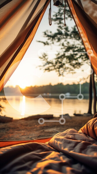 Σετ των 2 Intra Συλλεκτικό Ξύλινο Παζλ Plywood  4mm - Θέα στο ηλιοβασίλεμα από το εσωτερικό μιας σκηνής Σε Ξύλινο Κουτί - Διαστάσεις: 10x10 cm – 25 κομμάτια