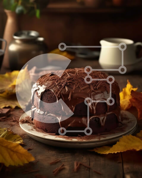 Σετ των 2 Intra Συλλεκτικό Ξύλινο Παζλ Plywood  4mm - Νόστιμη εικόνα ενός κέικ σοκολάτας με παγωμένο σοκολάτα σε ένα πιάτο με φθινοπωρινά φύλλα στο φόντο Σε Ξύλινο Κουτί - Διαστάσεις: 10x10 cm – 25 κομμάτια