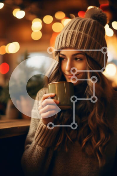 Intra Συλλεκτικό Ξύλινο Παζλ Plywood  4mm - Νεαρή γυναίκα που απολαμβάνει τις εορταστικές διακοσμήσεις και τον καφέ Σε Ξύλινο Κουτί - Διαστάσεις Puzzle: 10x10 cm – 25 κομμάτια