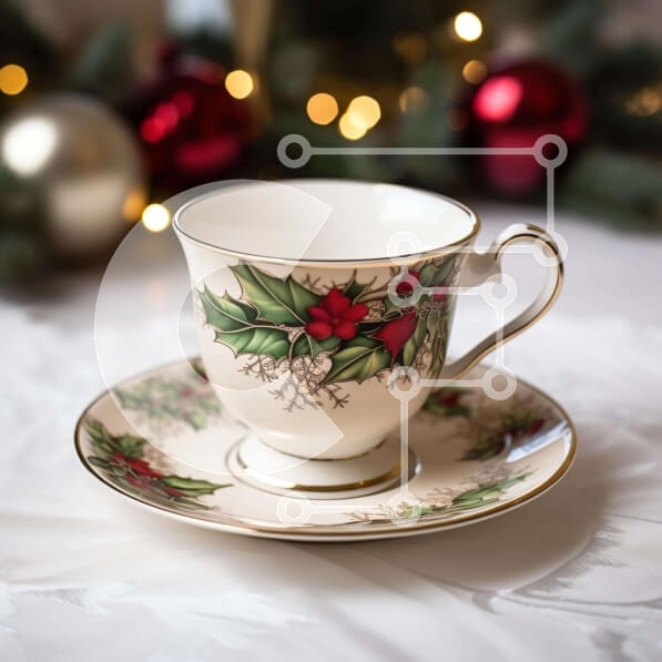 Intra Συλλεκτικό Ξύλινο Παζλ Plywood  4mm - Χριστουγεννιάτικο φλιτζάνι τσαγιού και πιατάκι με φύλλα και στολίδια πουρνάρι Σε Ξύλινο Κουτί - Διαστάσεις: 10x10 cm – 25 κομμάτια