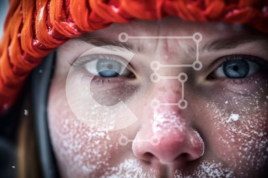 Intra Συλλεκτικό Ξύλινο Παζλ Plywood  4mm - Χειμερινή μόδα: Γυναίκα με πορτοκαλί φασόλι και κόκκινο φουλάρι στο χιόνι Σε Ξύλινο Κουτί - Διαστάσεις Puzzle: 10x10 cm – 25 κομμάτια