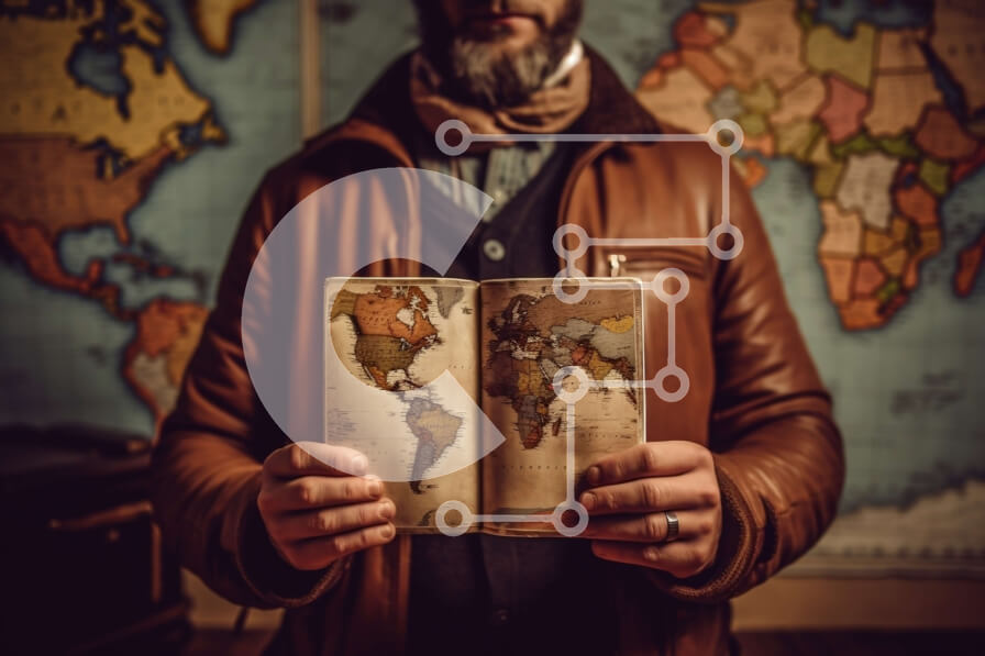 Intra Συλλεκτικό Ξύλινο Παζλ Plywood  4mm - Άνδρας που κρατά Vintage παγκόσμιο χάρτη με δερμάτινο μπουφάν Σε Ξύλινο Κουτί - Διαστάσεις Puzzle: 10x10 cm – 25 κομμάτια