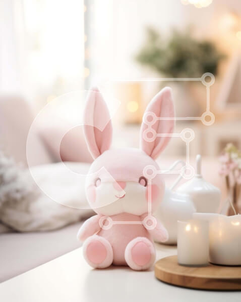 Intra Συλλεκτικό Ξύλινο Παζλ Plywood  4mm - Ροζ λαγουδάκι γεμιστό ζώο στο τραπέζι στο σαλόνι Σε Ξύλινο Κουτί - Διαστάσεις Puzzle: 10x10 cm – 25 κομμάτια