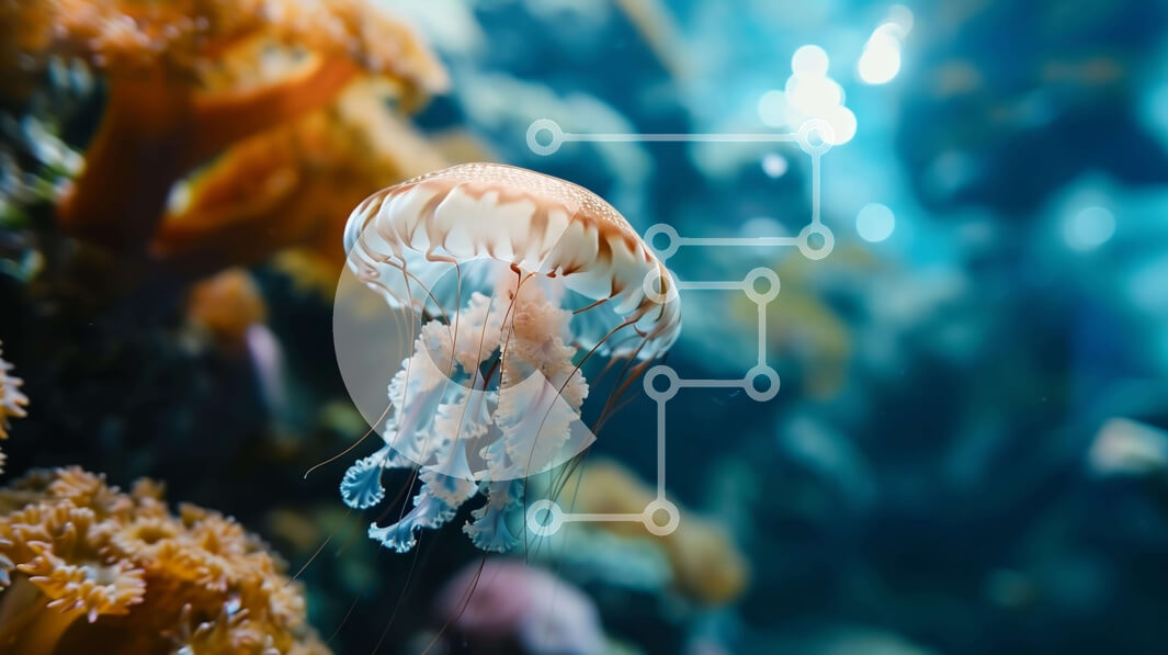 Intra Συλλεκτικό Ξύλινο Παζλ Plywood  4mm - Πολύχρωμες μέδουσες που κολυμπούν στο ενυδρείο με κοράλλια και θαλάσσιους οργανισμούς Σε Ξύλινο Κουτί - Διαστάσεις: 10x10 cm – 25 κομμάτια