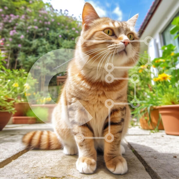 Intra Συλλεκτικό Ξύλινο Παζλ Plywood  4mm - Αξιολάτρευτη εικόνα μιας γάτας τζίντζερ μπροστά από ένα σπίτι με φυτά σε γλάστρες Σε Ξύλινο Κουτί - Διαστάσεις: 10x10 cm – 25 κομμάτια