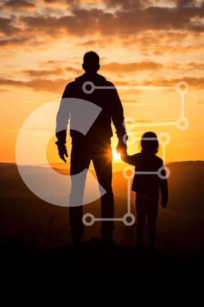 Σετ των 2 Intra Συλλεκτικό Ξύλινο Παζλ Plywood  4mm - Πατέρας και παιδί σκιαγραφούνται ενάντια σε ένα ηλιοβασίλεμα Σε Ξύλινο Κουτί - Διαστάσεις: 10x10 cm – 25 κομμάτια