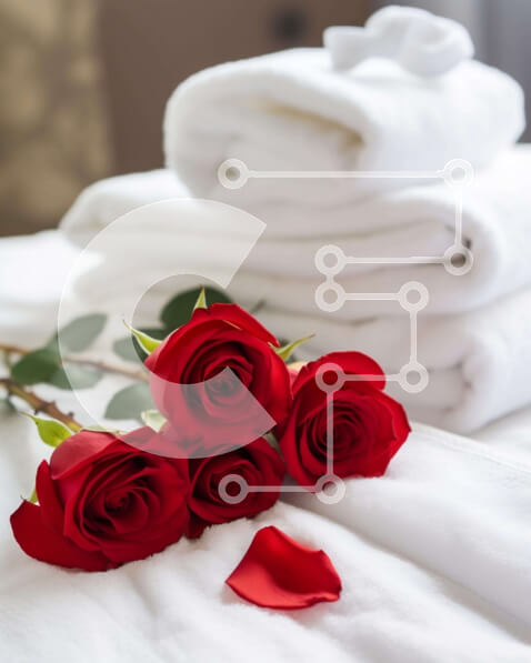 Intra Συλλεκτικό Ξύλινο Παζλ Plywood  4mm - Κομψά κόκκινα τριαντάφυλλα σε λευκό κρεβάτι με πετσέτες Σε Ξύλινο Κουτί - Διαστάσεις Puzzle: 10x10 cm – 25 κομμάτια