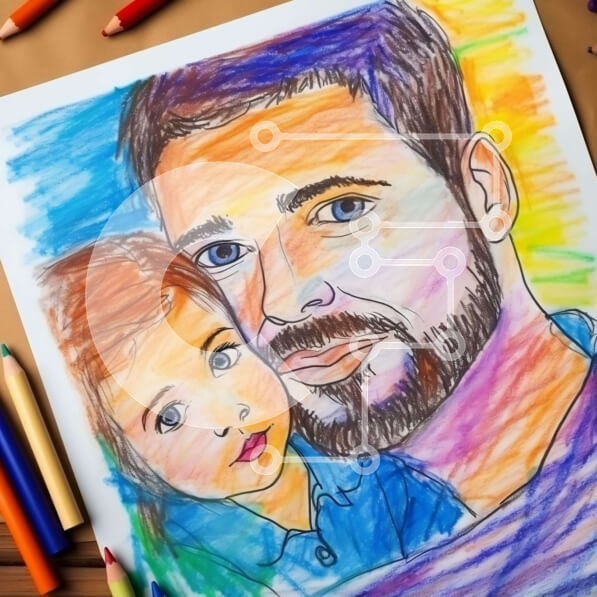 Intra Συλλεκτικό Ξύλινο Παζλ Plywood  4mm - Πατέρας και γιος που σχεδιάζουν με χρωματιστά μολύβια Σε Ξύλινο Κουτί - Διαστάσεις Puzzle: 10x10 cm – 25 κομμάτια