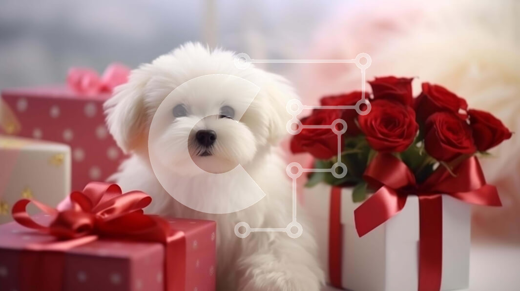 Intra Συλλεκτικό Ξύλινο Παζλ Plywood  4mm - Μικρό λευκό σκυλί με κόκκινα τριαντάφυλλα και κουτιά δώρων Σε Ξύλινο Κουτί - Διαστάσεις: 10x10 cm – 25 κομμάτια