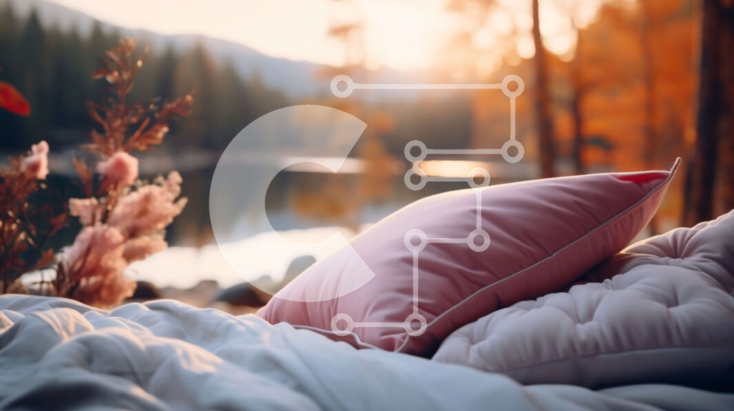 Intra Συλλεκτικό Ξύλινο Παζλ Plywood  4mm - Ροζ μαξιλάρι στο κρεβάτι με θέα στη λίμνη και στο βουνό Σε Ξύλινο Κουτί - Διαστάσεις: 10x10 cm – 25 κομμάτια