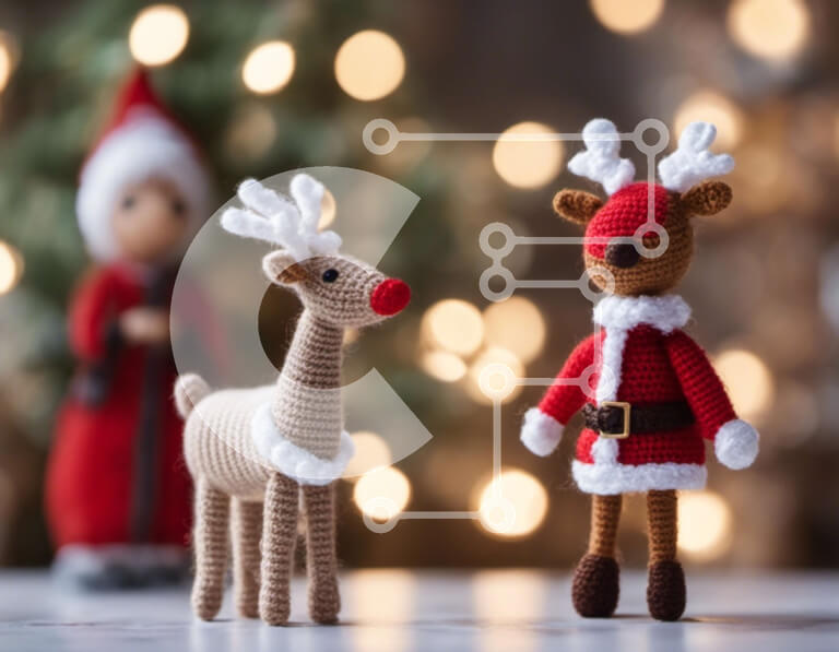 Intra Συλλεκτικό Ξύλινο Παζλ Plywood  4mm - Χριστουγεννιάτικα στολίδια με κροσέ τάρανδους Σε Ξύλινο Κουτί - Διαστάσεις: 10x10 cm – 25 κομμάτια