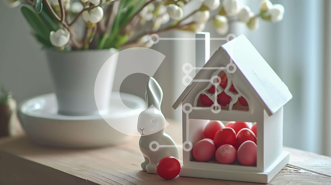 Intra Συλλεκτικό Ξύλινο Παζλ Plywood  4mm - Ειδώλιο πασχαλινό λαγουδάκι με κόκκινα αυγά και ανοιξιάτικα λουλούδια Σε Ξύλινο Κουτί - Διαστάσεις: 10x10 cm – 25 κομμάτια