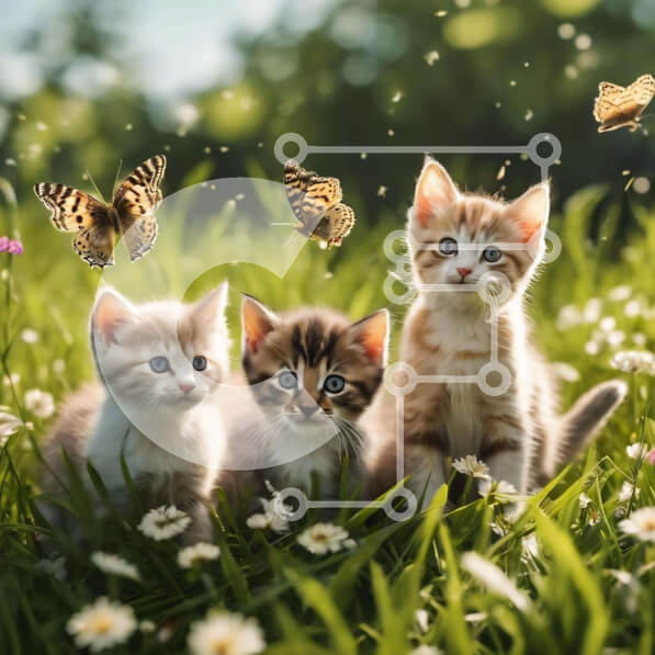 Intra Συλλεκτικό Ξύλινο Παζλ Plywood  4mm - Τρία γατάκια που παίζουν σε ένα χορταριασμένο χωράφι με πεταλούδες Σε Ξύλινο Κουτί - Διαστάσεις: 10x10 cm – 25 κομμάτια