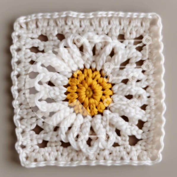 Intra Συλλεκτικό Ξύλινο Παζλ Plywood  4mm - Λευκό και κίτρινο κροσέ τετράγωνο μαργαρίτα για διακοσμητικές εργασίες με βελονάκι Σε Ξύλινο Κουτί - Διαστάσεις Puzzle: 10x10 cm – 25 κομμάτια