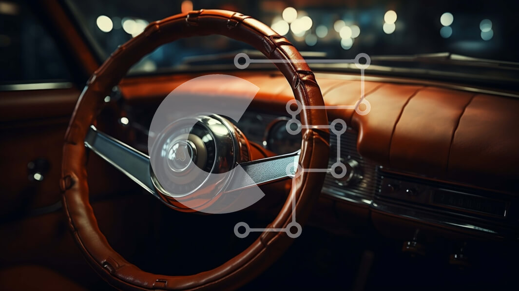 Intra Συλλεκτικό Ξύλινο Παζλ Plywood  4mm - Vintage εσωτερικό αυτοκινήτου με δερμάτινο τιμόνι και κλασικό ταμπλό Σε Ξύλινο Κουτί - Διαστάσεις Puzzle: 10x10 cm – 25 κομμάτια