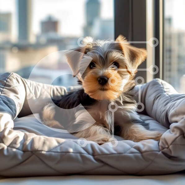 Intra Συλλεκτικό Ξύλινο Παζλ Plywood  4mm - Χαριτωμένη φωτογραφία ενός κουταβιού σε ένα κρεβάτι σκύλου με θέα στον ορίζοντα της πόλης Σε Ξύλινο Κουτί - Διαστάσεις: 10x10 cm – 25 κομμάτια