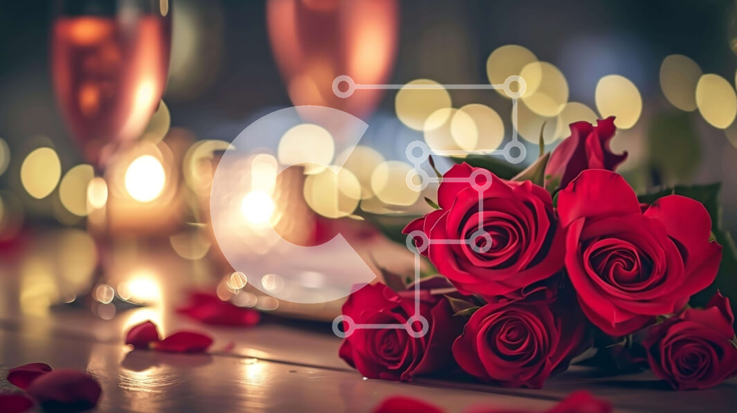 Intra Συλλεκτικό Ξύλινο Παζλ Plywood  4mm - Διακοσμήσεις για την ημέρα του Αγίου Βαλεντίνου με κόκκινα τριαντάφυλλα, ποτήρια σαμπάνιας και φως κεριών Σε Ξύλινο Κουτί - Διαστάσεις Puzzle: 10x10 cm – 25 κομμάτια