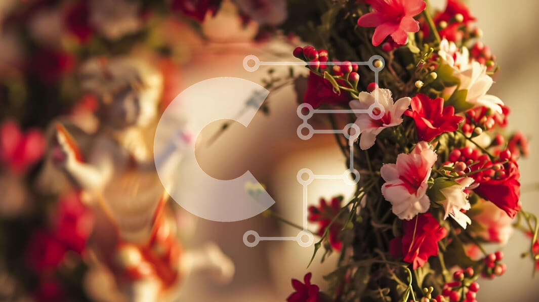 Intra Συλλεκτικό Ξύλινο Παζλ Plywood  4mm - Κόκκινο και λευκό λουλούδι στεφάνι με ειδώλιο αγγέλου Σε Ξύλινο Κουτί - Διαστάσεις Puzzle: 10x10 cm – 25 κομμάτια