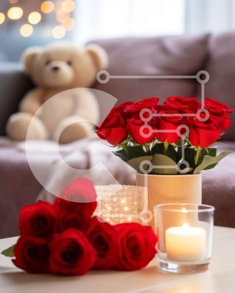 Intra Συλλεκτικό Ξύλινο Παζλ Plywood  4mm - Ρομαντικό σκηνικό τραπεζιού σαλονιού με κόκκινα τριαντάφυλλα και αρκουδάκι Σε Ξύλινο Κουτί - Διαστάσεις Puzzle: 10x10 cm – 25 κομμάτια