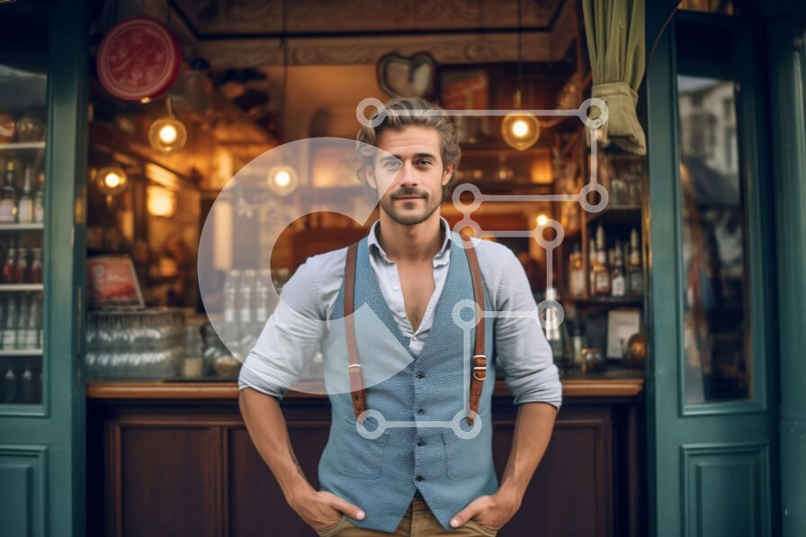 Intra Συλλεκτικό Ξύλινο Παζλ Plywood  4mm - Σοβαρός άνδρας με γιλέκο και ζαρτιέρες που στέκονται μπροστά από το μπαρ Σε Ξύλινο Κουτί - Διαστάσεις Puzzle: 10x10 cm – 25 κομμάτια