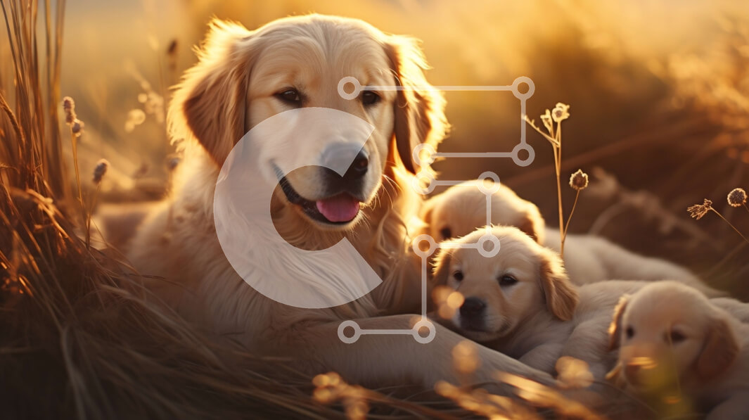 Intra Συλλεκτικό Ξύλινο Παζλ Plywood  4mm - Σκύλος Γκόλντεν Ριτρίβερ και κουτάβια σε ένα χωράφι με ψηλό γρασίδι Σε Ξύλινο Κουτί - Διαστάσεις: 10x10 cm – 25 κομμάτια