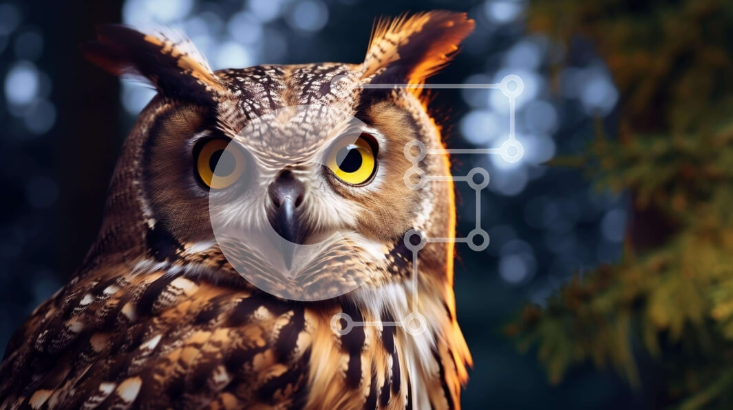 Intra Συλλεκτικό Ξύλινο Παζλ Plywood  4mm - Κοντινό πλάνο μιας κουκουβάγιας με μεγάλα κίτρινα μάτια στο δάσος Σε Ξύλινο Κουτί - Διαστάσεις: 10x10 cm – 25 κομμάτια