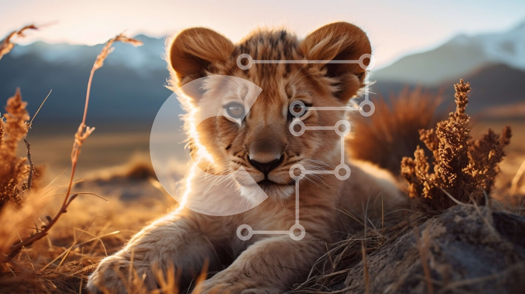 Intra Συλλεκτικό Ξύλινο Παζλ Plywood  4mm - Lion Cub στο γρασίδι με βουνά στο φόντο Σε Ξύλινο Κουτί - Διαστάσεις: 10x10 cm – 25 κομμάτια