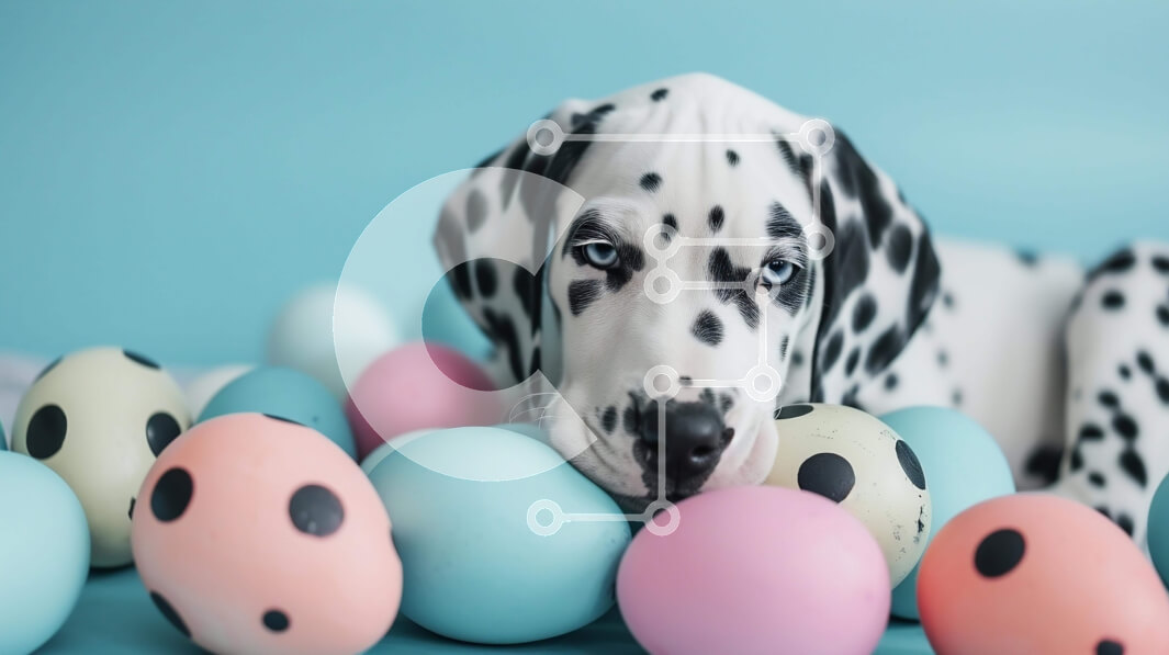 Σετ των 2 Intra Συλλεκτικό Ξύλινο Παζλ Plywood  4mm - Δαλματικός σκύλος με τα πασχαλινά αυγά Σε Ξύλινο Κουτί - Διαστάσεις: 10x10 cm – 25 κομμάτια