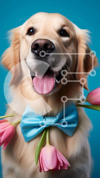 Σετ των 2 Intra Συλλεκτικό Ξύλινο Παζλ Plywood  4mm - Happy Golden Retriever Dog με παπιγιόν και ροζ τουλίπες Σε Ξύλινο Κουτί - Διαστάσεις: 10x10 cm – 25 κομμάτια