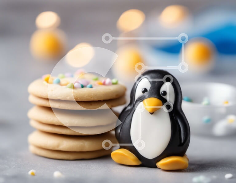 Σετ των 2 Intra Συλλεκτικό Ξύλινο Παζλ Plywood  4mm - Ειδώλιο πιγκουίνου με στοίβα μπισκότων και ψεκασμούς Σε Ξύλινο Κουτί - Διαστάσεις: 10x10 cm – 25 κομμάτια