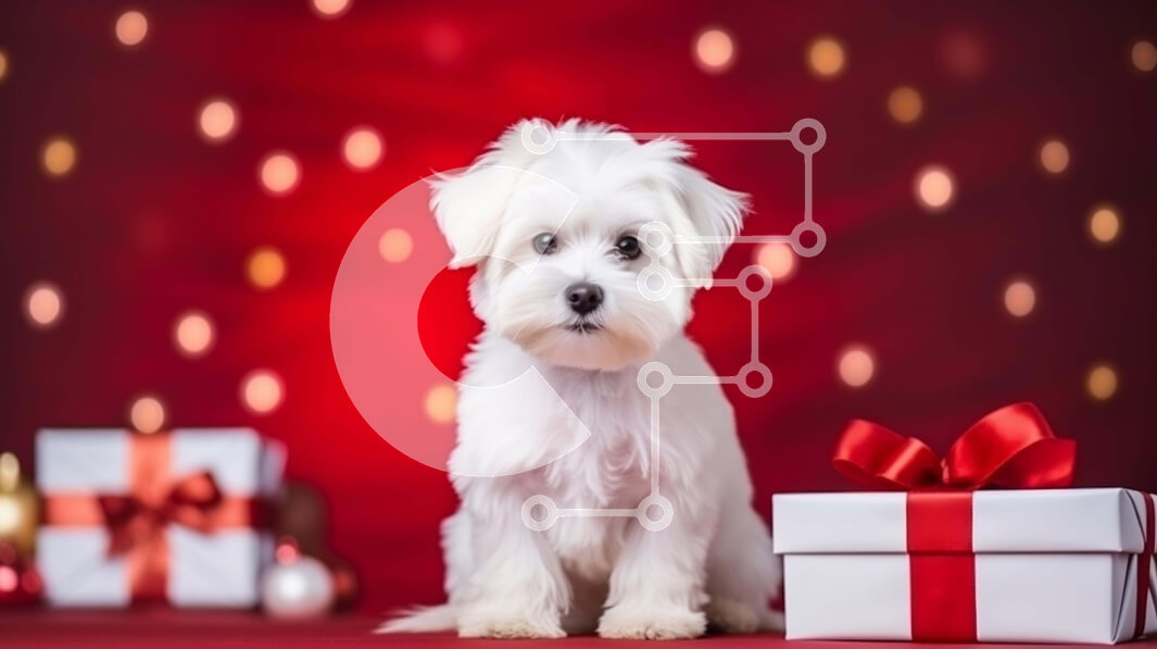 Intra Συλλεκτικό Ξύλινο Παζλ Plywood  4mm - Αξιολάτρευτο λευκό σκυλί με κουτιά δώρων σε κόκκινο φόντο Σε Ξύλινο Κουτί - Διαστάσεις: 10x10 cm – 25 κομμάτια