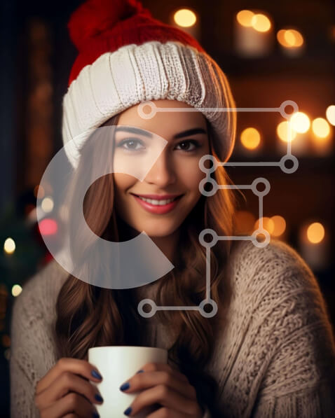 Intra Συλλεκτικό Ξύλινο Παζλ Plywood  4mm - Νεαρή γυναίκα με πουλόβερ και καπέλο Άγιου Βασίλη με χριστουγεννιάτικα φώτα Σε Ξύλινο Κουτί - Διαστάσεις: 10x10 cm – 25 κομμάτια