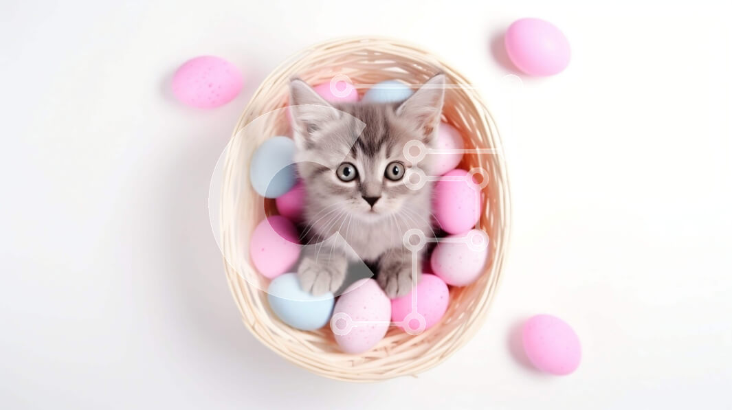 Intra Συλλεκτικό Ξύλινο Παζλ Plywood  4mm - Γκρι γατάκι στο πασχαλινό καλάθι με ροζ και μπλε αυγά Σε Ξύλινο Κουτί - Διαστάσεις: 10x10 cm – 25 κομμάτια