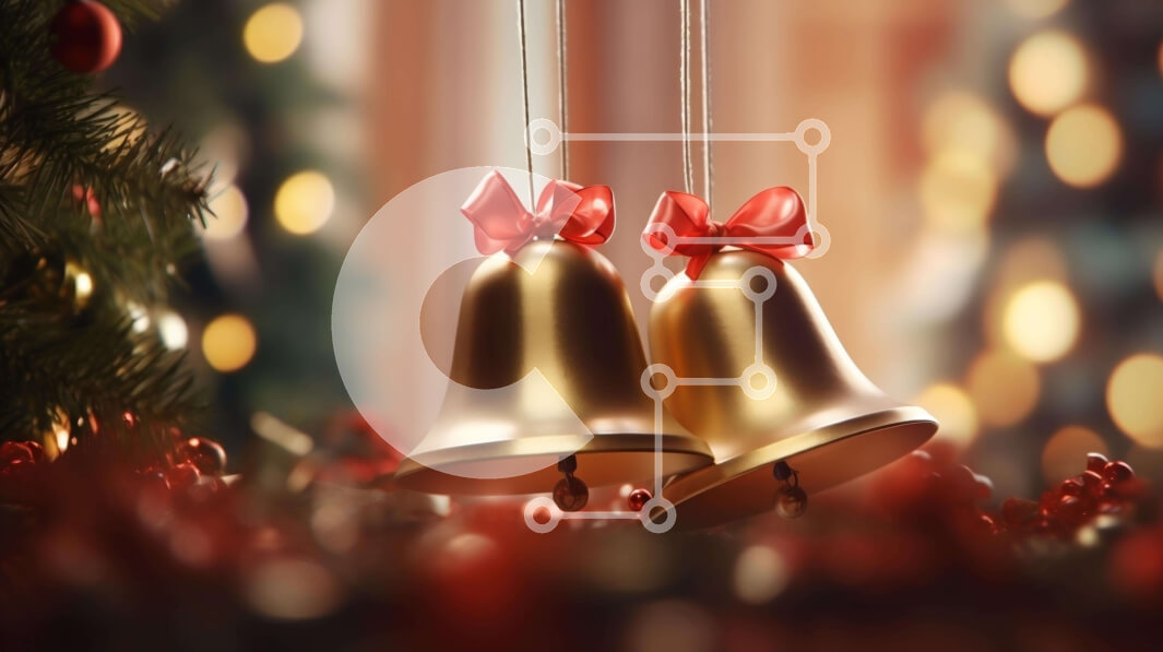 Intra Συλλεκτικό Ξύλινο Παζλ Plywood  4mm - Χρυσές καμπάνες με κόκκινες κορδέλες και χριστουγεννιάτικα λαμπάκια Σε Ξύλινο Κουτί - Διαστάσεις: 10x10 cm – 25 κομμάτια