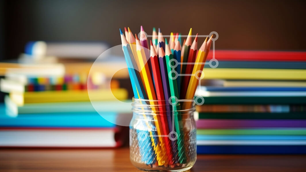 Intra Συλλεκτικό Ξύλινο Παζλ Plywood  4mm - Πολύχρωμα μολύβια σε ένα ξύλινο γραφείο με φόντο ράφι Σε Ξύλινο Κουτί - Διαστάσεις Puzzle: 10x10 cm – 25 κομμάτια