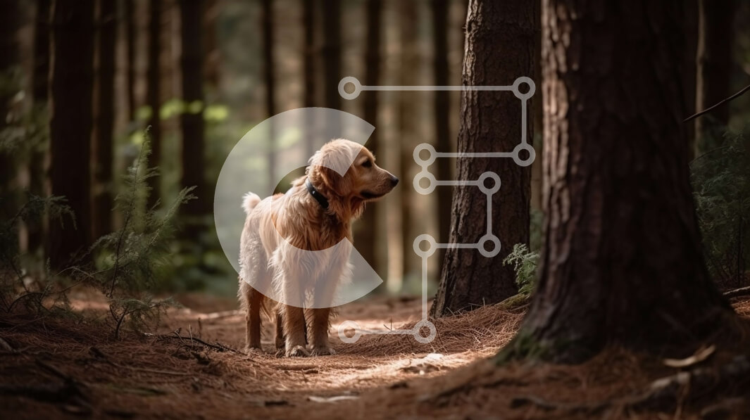 Σετ των 2 Intra Συλλεκτικό Ξύλινο Παζλ Plywood  4mm - Αξιολάτρευτο σκυλί Γκόλντεν Ριτρίβερ που στέκεται σε ένα πευκοδάσος Σε Ξύλινο Κουτί - Διαστάσεις: 10x10 cm – 25 κομμάτια