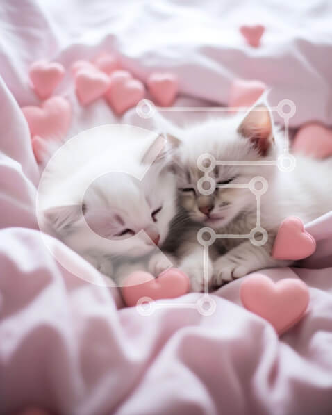 Σετ των 2 Intra Συλλεκτικό Ξύλινο Παζλ Plywood  4mm - Δύο λευκά γατάκια που κοιμούνται σε ένα κρεβάτι με ροζ καρδιές Σε Ξύλινο Κουτί - Διαστάσεις: 10x10 cm – 25 κομμάτια