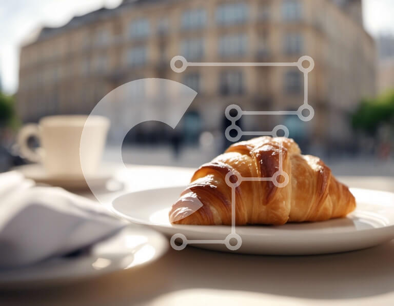 Σετ των 2 Intra Συλλεκτικό Ξύλινο Παζλ Plywood  4mm - Νόστιμο κρουασάν και καφές σε ένα τραπέζι έξω Σε Ξύλινο Κουτί - Διαστάσεις: 10x10 cm – 25 κομμάτια