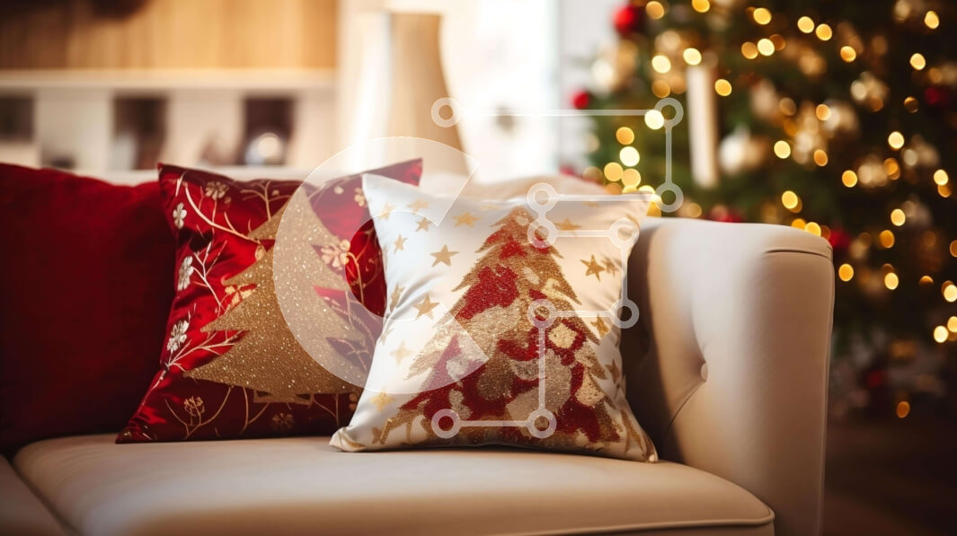 Intra Συλλεκτικό Ξύλινο Παζλ Plywood  4mm - Κόκκινα και χρυσά χριστουγεννιάτικα μαξιλάρια σε λευκό καναπέ Σε Ξύλινο Κουτί - Διαστάσεις Puzzle: 10x10 cm – 25 κομμάτια